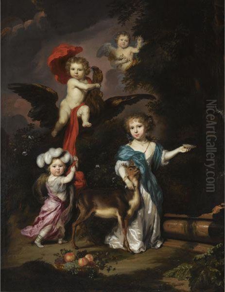 Pastoral Family Portrait Of Four
 Children, Personifying Mythological Figures, Including Ganymede, And 
Diana With A Deer, All In A Landscape Oil Painting by Nicolaes Maes