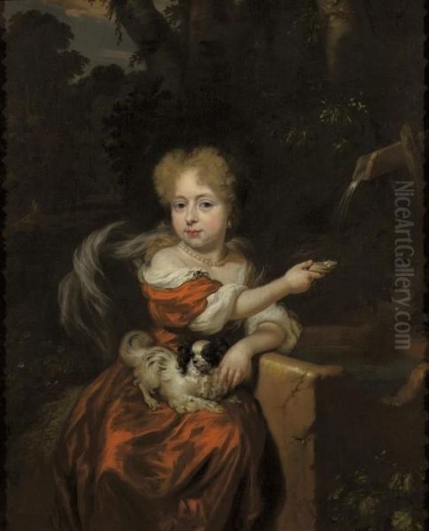 Portrait Of A Girl, 
Three-quarter Length, In A Red Satin Dress By A Fountain, A Dog On Her 
Lap Oil Painting by Nicolaes Maes