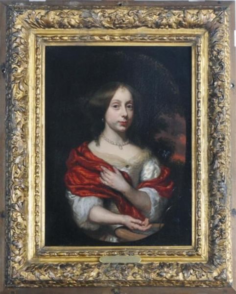 Portrait Of A Lady, Half Length, In A Painted Oval Oil Painting by Nicolaes Maes