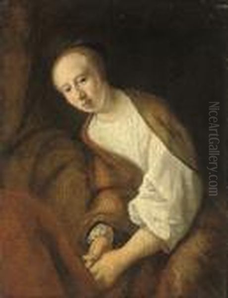 A Young Woman In An Interior: A Fragment Oil Painting by Nicolaes Maes