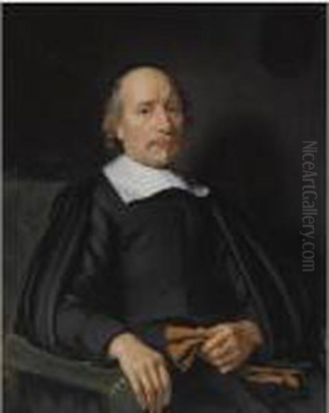 Portrait Of A Man, Seated 
Half-length, Wearing A Black Robe Witha White Flat Collar, Holding A 
Pair Of Gloves Oil Painting by Nicolaes Maes