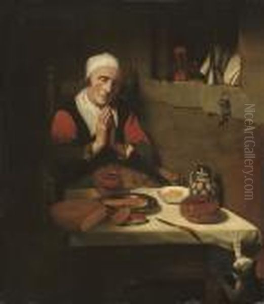 An Old Womam, Seated, In Prayer, At A Table Oil Painting by Nicolaes Maes