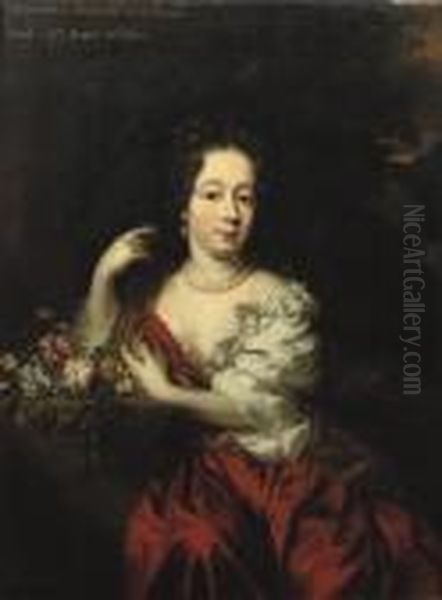 Portrait Of A Lady, Said To Be 
Henrietta Maria Of Orleans,three-quarter-length, In A Red Dress And 
White Chemise, Flowers Byher Side Oil Painting by Nicolaes Maes