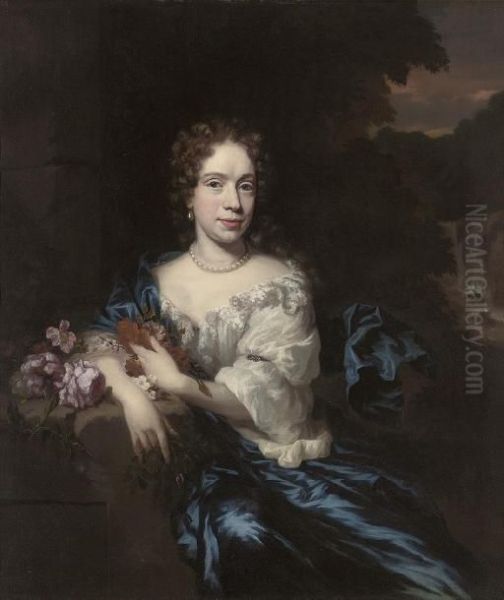 Portrait Of A Lady, 
Three-quarter-length, In Blue Classical Dress, With Roses And Marigolds 
In Her Left Hand, A Sprig Of Honeysuckle In Her Right, In A Landscape, A
 Waterfall Beyond Oil Painting by Nicolaes Maes