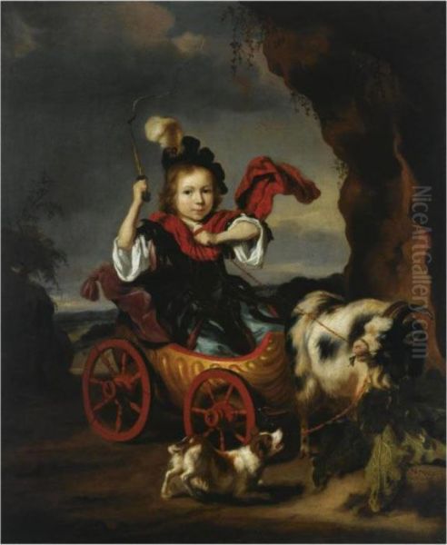 A Young Boy In Classical Dress 
In A Goat-drawn Chariot, Together With A Dog In A Landscape Oil Painting by Nicolaes Maes