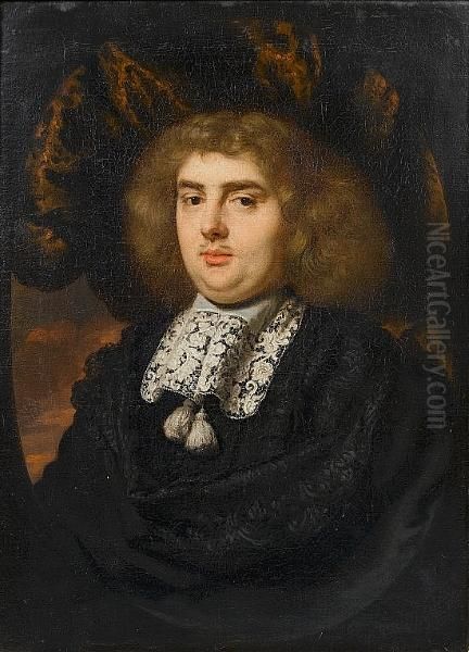 Portrait Of A Gentleman, 
Bust-length, In Black Costume With A White Lace Collar, In A Painted 
Oval Oil Painting by Nicolaes Maes