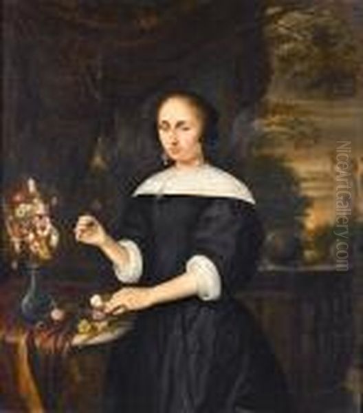 Portrait Of A Lady, Small 
Three-quarter-length, In A Black Dress With White Collar And Cuffs, 
Arranging Flowers At A Draped Ledge, On A Balcony Oil Painting by Nicolaes Maes