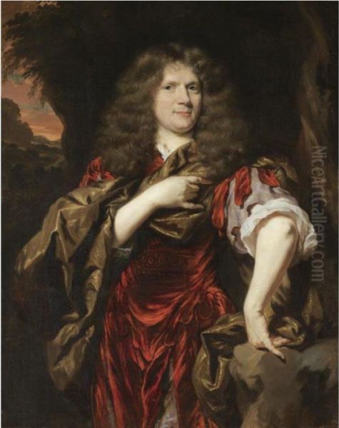 Portrait Of Laurence Hyde, 1st 
Earl Of Rochester (1641-1711), Three-quarter Length, Wearing A Red Tunic
 And Standing In A Landscape Oil Painting by Nicolaes Maes