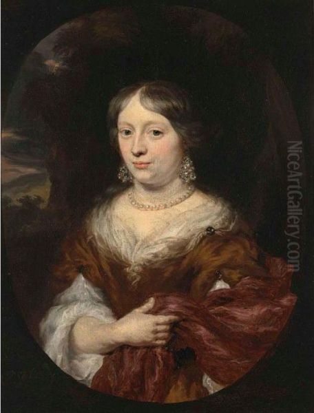 A Portrait Of A Lady, Half 
Length, Wearing An Orange And White Dress With A Red Shawl, And 
Elaborate Pearl Earrings And Necklace, Within A Painted Oval Oil Painting by Nicolaes Maes