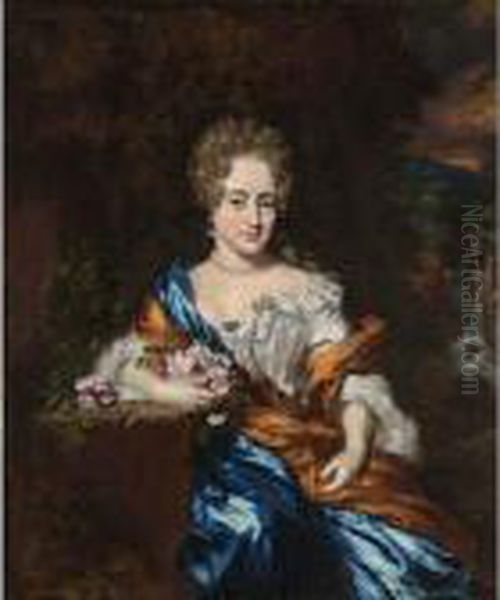 A Portrait Of A Lady, Seated 
Three-quarter Length, Wearing A Blue And White Dress With An Orange 
Shawl, Holding Flowers In Her Arm Near A Fountain, A Waterfall Beyond Oil Painting by Nicolaes Maes