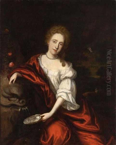 An Elegant Lady Near A Fountain,
 Seated Three-quarter Length, Wearing A White Blouse, Red Satin Shawl 
And A Pearl Necklace Oil Painting by Nicolaes Maes