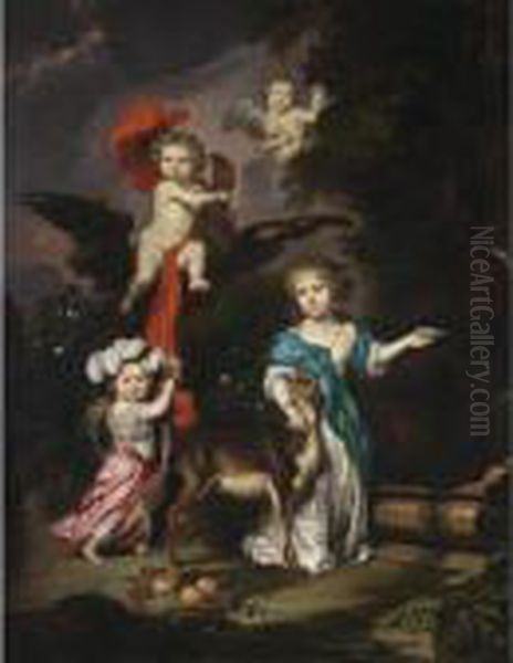 A Pastoral Family Portrait Of 
Four Children, Personifying Mythological Figures Including Ganymede And 
Diana With A Deer, All In A Landscape Setting Oil Painting by Nicolaes Maes