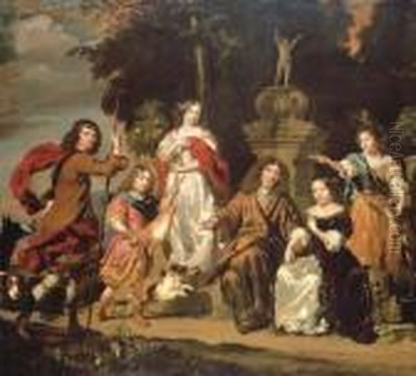 Group Portrait Of A Family In An Italianate Garden With An Ornatefountain Oil Painting by Nicolaes Maes