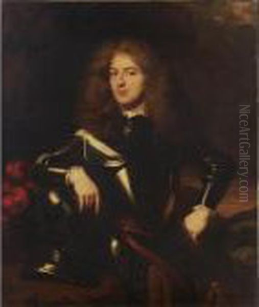 A Portrait Of Joseph Hieronymus 
Hoeufft (1657-1700) At The Age Of 22, Standing Three-quarter Length, 
Wearing Armour, In A Park Setting Oil Painting by Nicolaes Maes