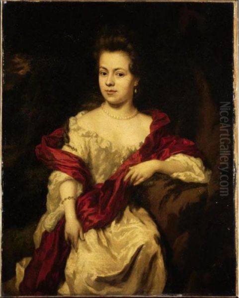 Portrait Of A Lady, Three-quarter Length, Wearing A White Silk Dress With A Red Wrap Oil Painting by Nicolaes Maes