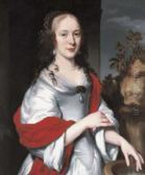 Portrait Of Lady, Three-quarter-length, In A Satin Dress With A Redshawl, By A Fountain Oil Painting by Nicolaes Maes