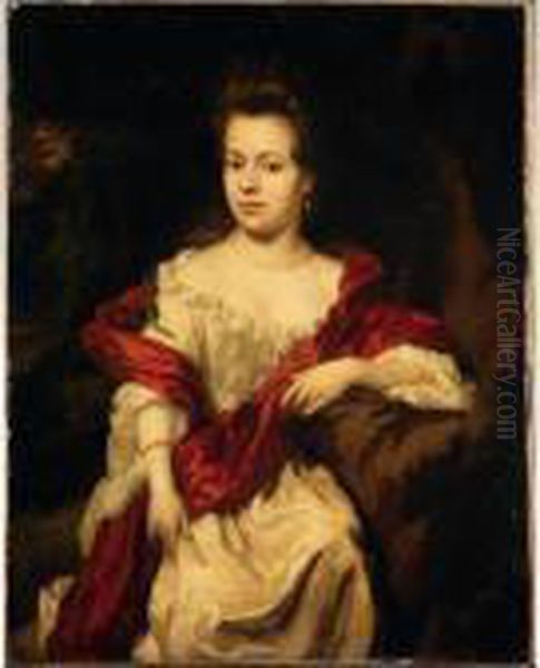 Portrait Of A Lady, Three-quarter Length, Wearing A White Silk Dress With A Red Wrap Oil Painting by Nicolaes Maes