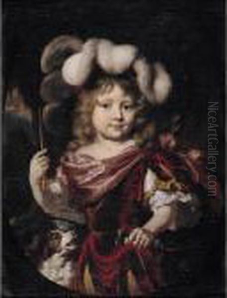 Portrait Of A Young Boy, Three 
Quarter Length, Wearing Classical Costume, Holding A Bow And Arrow, 
Accompanied By A Spaniel Oil Painting by Nicolaes Maes