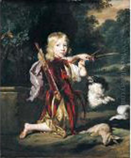 Portrait Of A Young Man, Full 
Length, Wearing A Red Tunic, And Holding A Bow And Arrow, With A Spaniel
 And A Hare Oil Painting by Nicolaes Maes