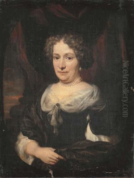 Portrait Of A Lady, Half-length,
 In A Black Dress With A Whitecollar And Black Scarf, A Pearl Necklace 
And Drop Earrings, Beforea Red Curtain, In A Feigned Oval Oil Painting by Nicolaes Maes