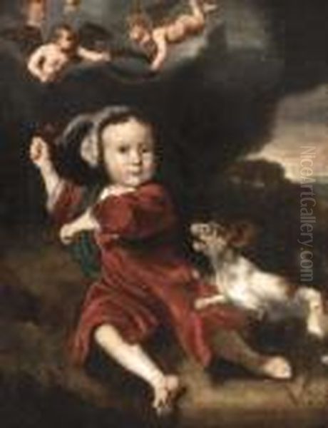 Portrait Of A Boy, Full-length, 
In Red Dress And Holding Two Cherries, With A Dog In A Landscape Oil Painting by Nicolaes Maes