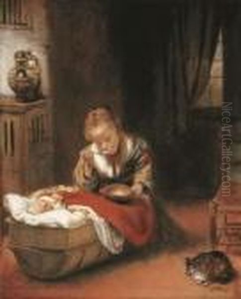 An Interior With A Young Girl 
Eating Curds From A Bowl, And An Infant In A Wicker Cradle, A Cat Before
 A Chair Beside Them Oil Painting by Nicolaes Maes