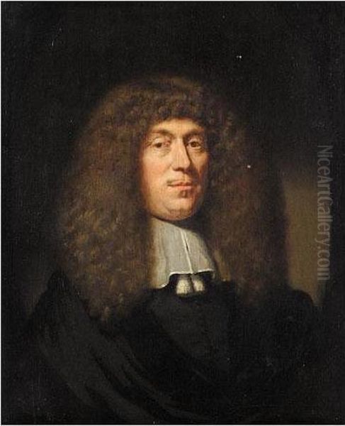 Portrait Of A Cleric, Head And Shoulders, In Black With A White Collar Oil Painting by Nicolaes Maes