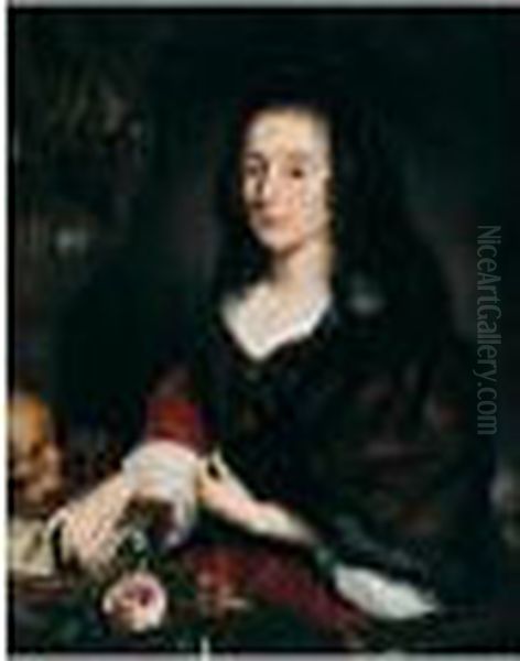 Portrait Of A Lady, Half Length Seated, In Widow's Weeds And Holding A Rose Oil Painting by Nicolaes Maes