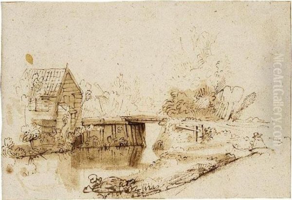 Landscape With A Draughtsman Seated By A River, A Bridge And A Cottage Behind Oil Painting by Nicolaes Maes