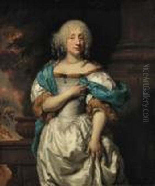 Portrait Of A Lady, 
Three-quarter-length, In A White Dress And Ablue Shawl, On A Terrace, A 
Wooded Landscape Beyond Oil Painting by Nicolaes Maes