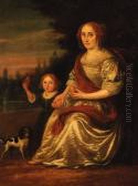 Portrait Of A Lady, Full-length,
 In A White Dress And A Red Wrap,with Her Son And A Spaniel At Her Side,
 Seated In A Landscape Oil Painting by Nicolaes Maes