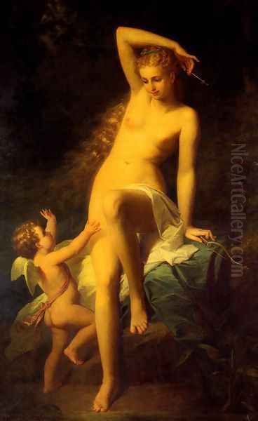 Nymphe Desarmant L'Amour (A Nymph Disarming Cupid) Oil Painting by Pierre Paul Emmenuel de Pommayrac