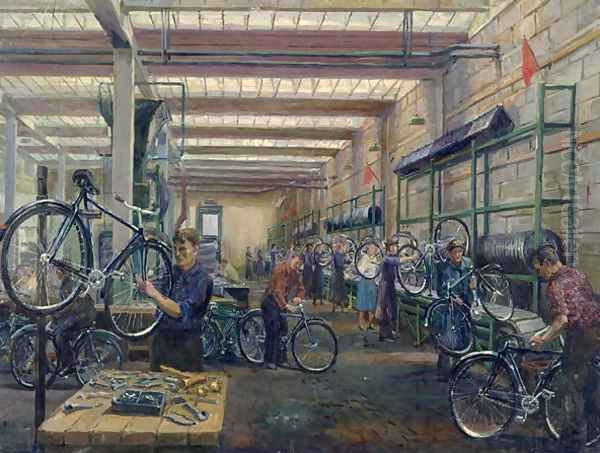 The Moscow Cycle Works, c.1930 Oil Painting by Nikolay Vassilyevich Pinegin