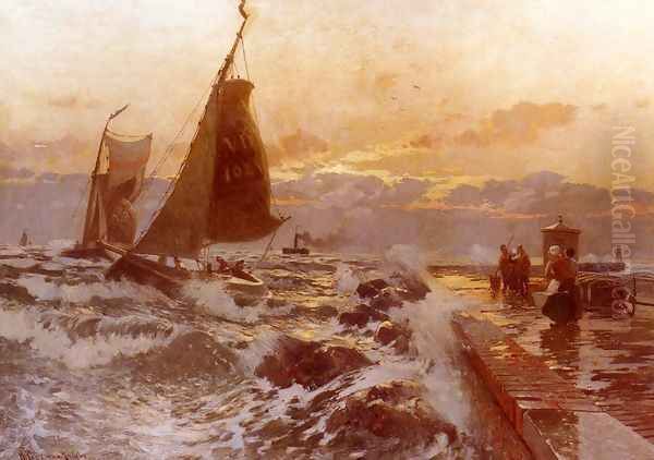 Sailing Ships Returning In Heavy Seas Oil Painting by Heinrich Petersen-Angeln