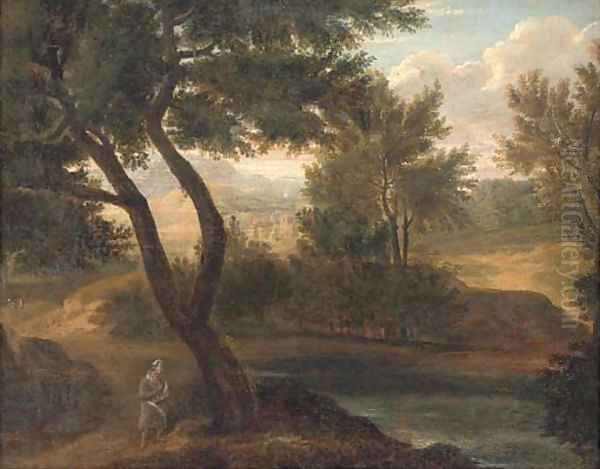 A river landscape with a figure in the foreground, a fortified town beyond Oil Painting by Gaspard Dughet Poussin