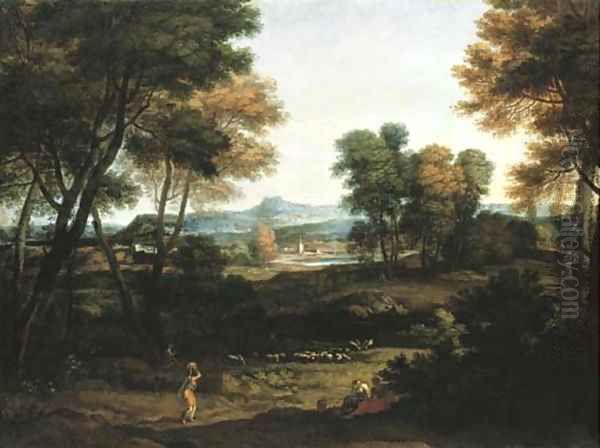 An Italianate landscape with washerwomen and a shepherd and a church spire beyond Oil Painting by Gaspard Dughet Poussin