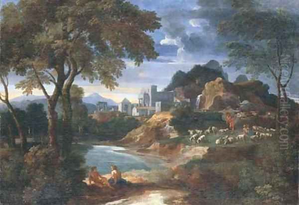 An Italianate river landscape with a villa and shepherds resting with their flock by a pond Oil Painting by Gaspard Dughet Poussin