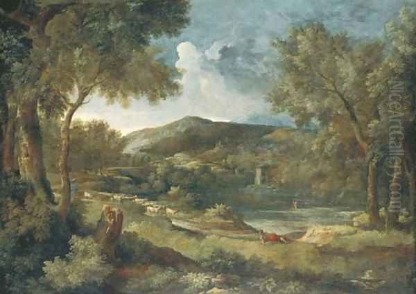 An Italianate river landscape with a shepherd and his flock Oil Painting by Gaspard Dughet Poussin