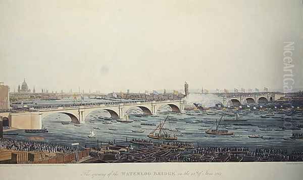 The Opening of the Waterloo Bridge on the 18th of June, 1817, etched by A. Pugin from a drawing by W. Findlater, engraved by R. Havell and Son, 1818 Oil Painting by Augustus Charles Pugin