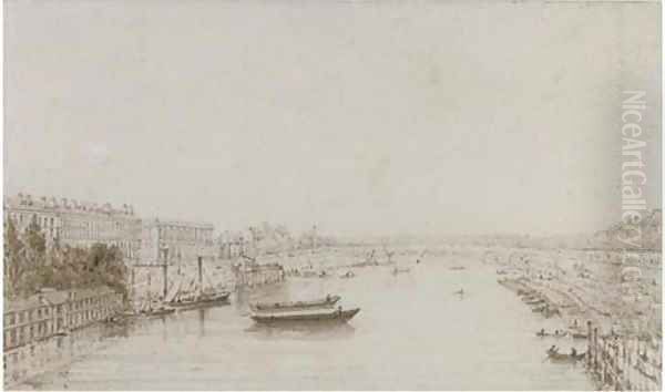 Pont Louis XVI from the Pont Royal, Paris Oil Painting by Augustus Charles Pugin