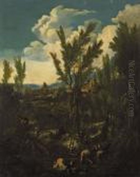 Landschaft Mitkapuzinermonchen Und Bauern Oil Painting by Alessandro Magnasco