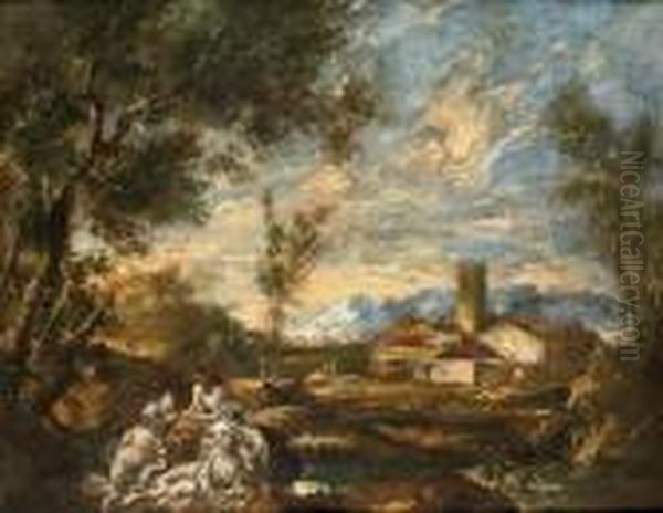 Monks In An Italianate Landscape Oil Painting by Alessandro Magnasco