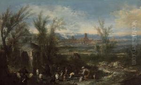 Extensive Landscape With Figures At A Shrine Oil Painting by Alessandro Magnasco