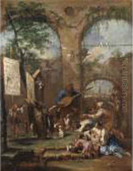 An Architectural Capriccio With A
 Musician And Peasants Before A Portable Altar With Saint Anthony Of 
Padua Oil Painting by Alessandro Magnasco