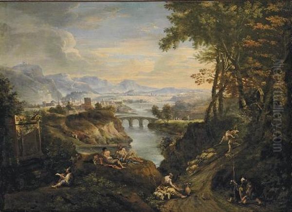 An Extensive Mountainous River Landscape With Figures In The Foreground Oil Painting by Alessandro Magnasco