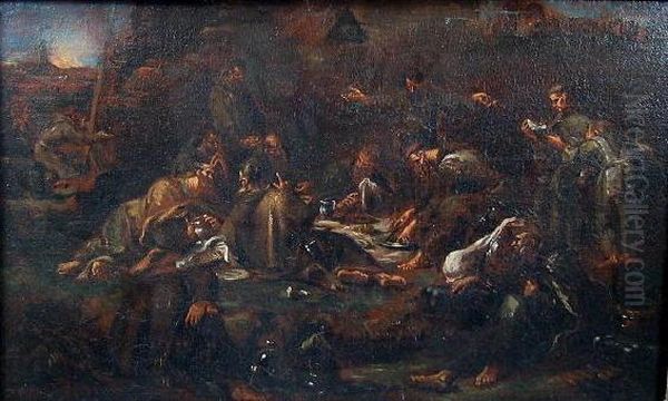 Monks At Evening Meal In Hills Of Burning Rome Oil Painting by Alessandro Magnasco