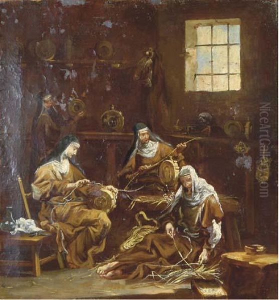 An Interior With Monks Resting By A Fire; And An Interior With Nuns Spinning Oil Painting by Alessandro Magnasco