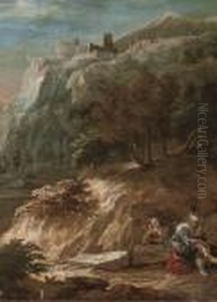 A Mountainous Landscape With A Couple Beneath A Hilltop Town Oil Painting by Alessandro Magnasco