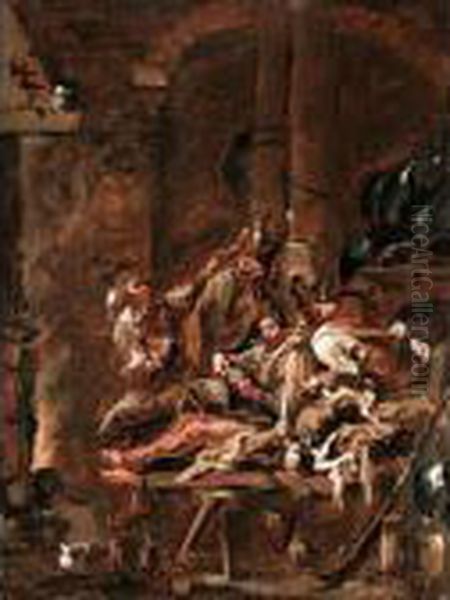 Interior With Figures Playing Cards Before A Fire Place Oil Painting by Alessandro Magnasco