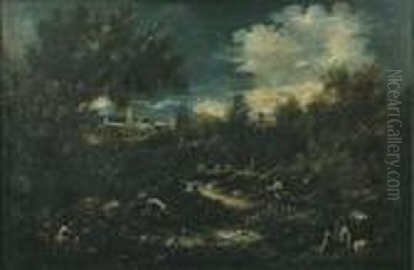 Viandanti In Sosta Presso Un Fiume, In Lontananza Un Borgo Conpiramide Oil Painting by Alessandro Magnasco